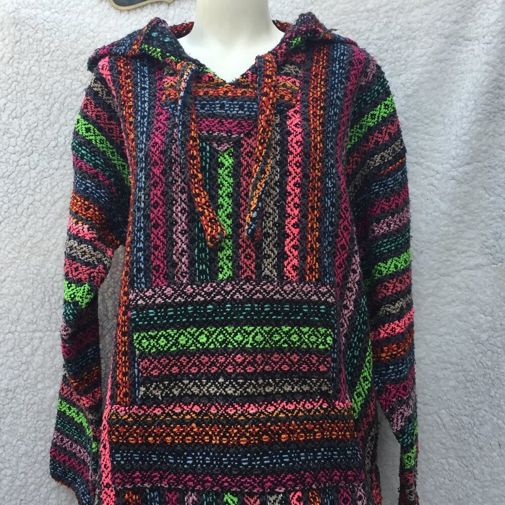 Vintage 80s Baja Hoodie – Colorful Stripe Pullover, Boho Festival Wear, Size L